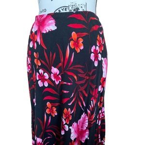 Women Kim Rogers Black Floral Rayon Elastic Waist Flared Midi Skirt Size Medium